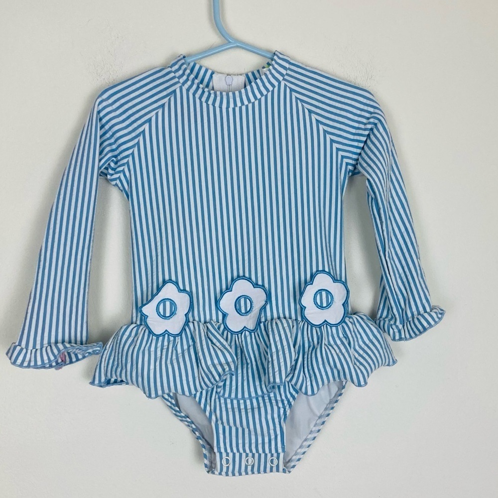 Classic Whimsy long sleeve blue and white seersucker swimsuit w/ daisy appliqué